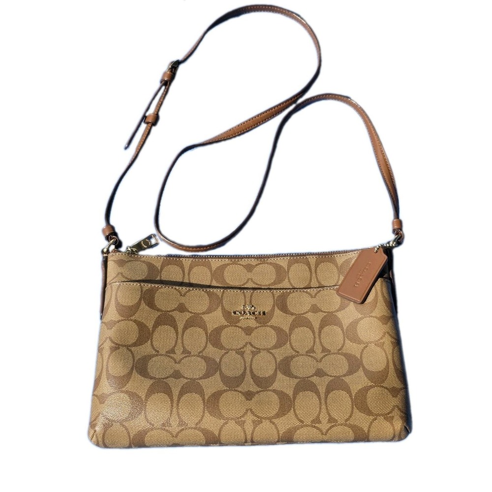 Coach F58316 Signature East West Pop Up Khaki Brown Slim Crossbody Purse Bag